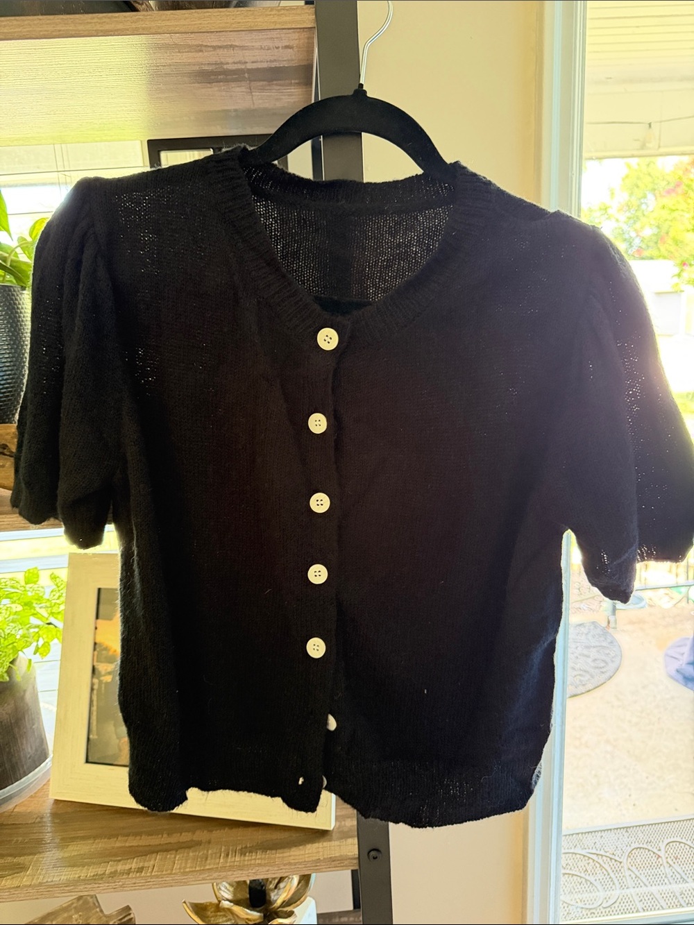 Amazon Black Short-Sleeve Button Front Cardigan with White Buttons